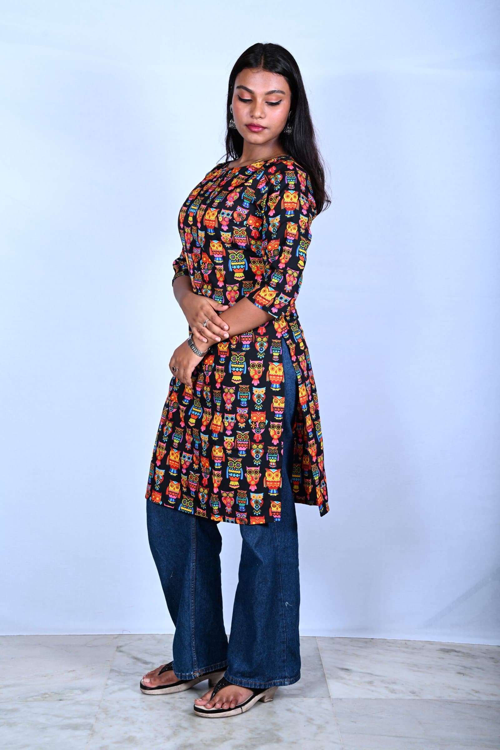 WOMEN'S BLACK CREPE KURTI MULTICOLOUR VIBRANT OWL PRINTED SHORT KURTI