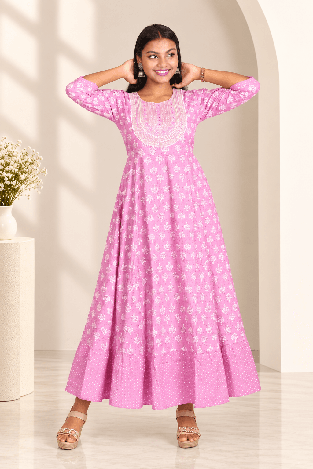 Women's Light Lilac Floral Printed Cotton Maxi Dress with Embroidered Yoke