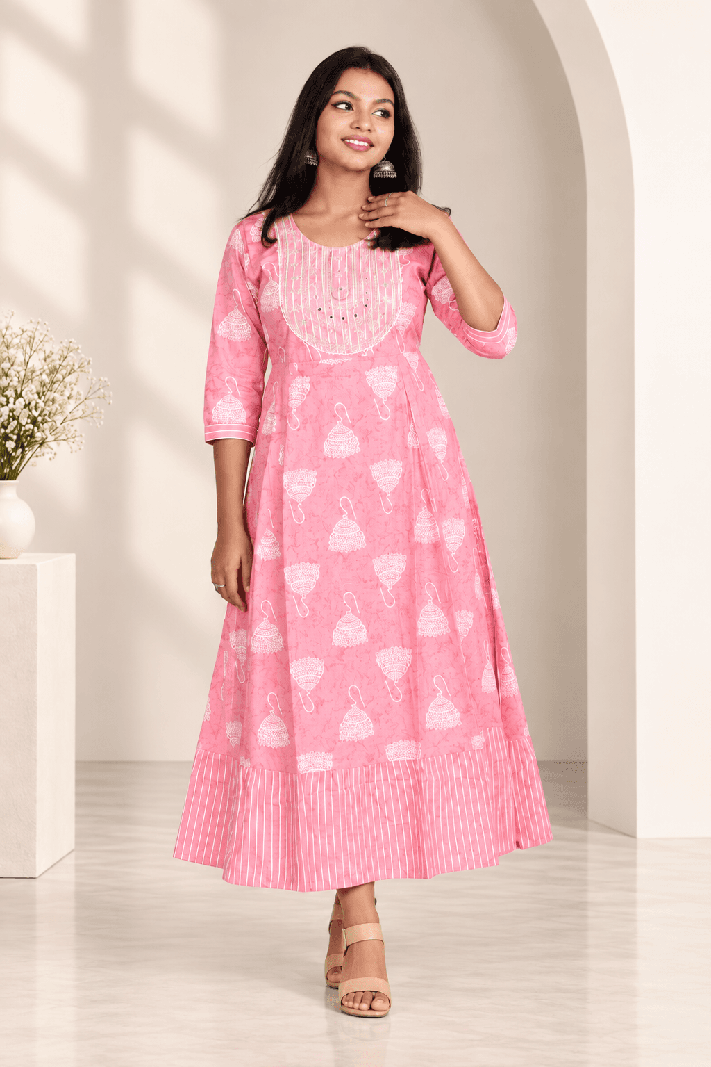 Women's Pink Cotton Printed A-Line Kurta Set with Embroidered Yoke | 3/4 Sleeves | Ethnic Wear