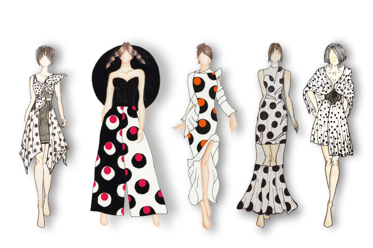 Five fashion illustrations of a polka-dot collection by Hasina Layek